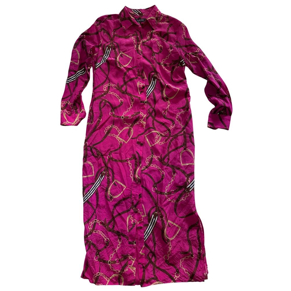 Black Label Ralph Lauren Hot Pink Silk Full Button-Down Shirt Dress Size 2 Long